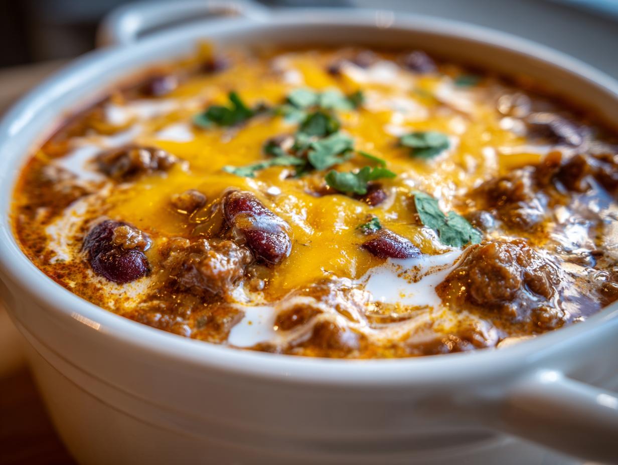 Close-up of a bowl of Creamy Taco Soup topped with melted cheese and cilantro.