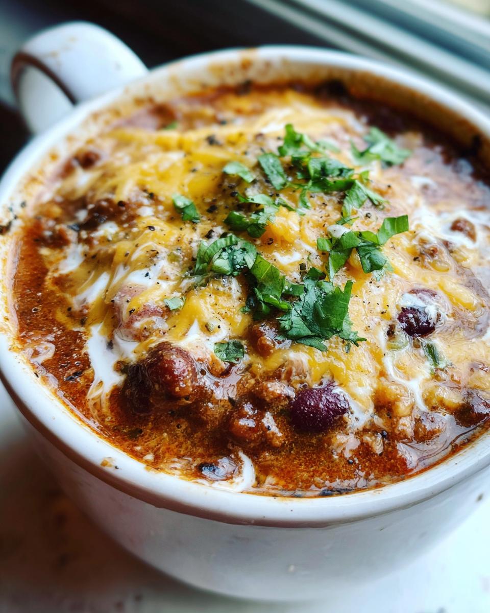 Close-up of a bowl of Creamy Taco Soup topped with melted cheese, a swirl of cream, and fresh cilantro.