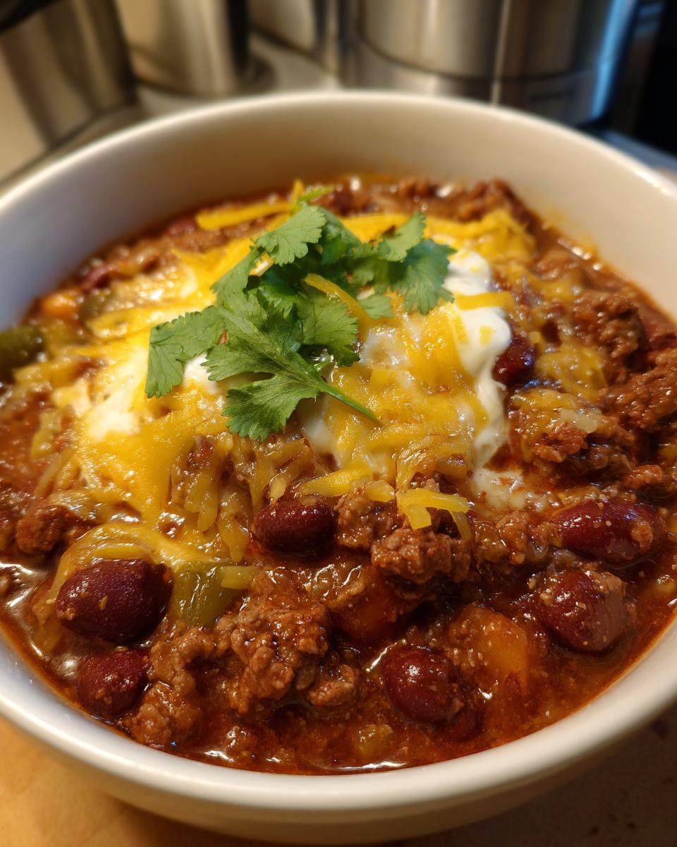 A close-up of a bowl of creamy taco soup topped with shredded cheese, sour cream, and cilantro.
