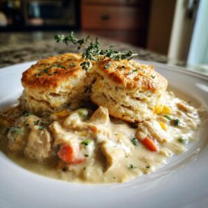 A close-up of a hearty crock pot chicken pot pie topped with two golden biscuits and fresh thyme.