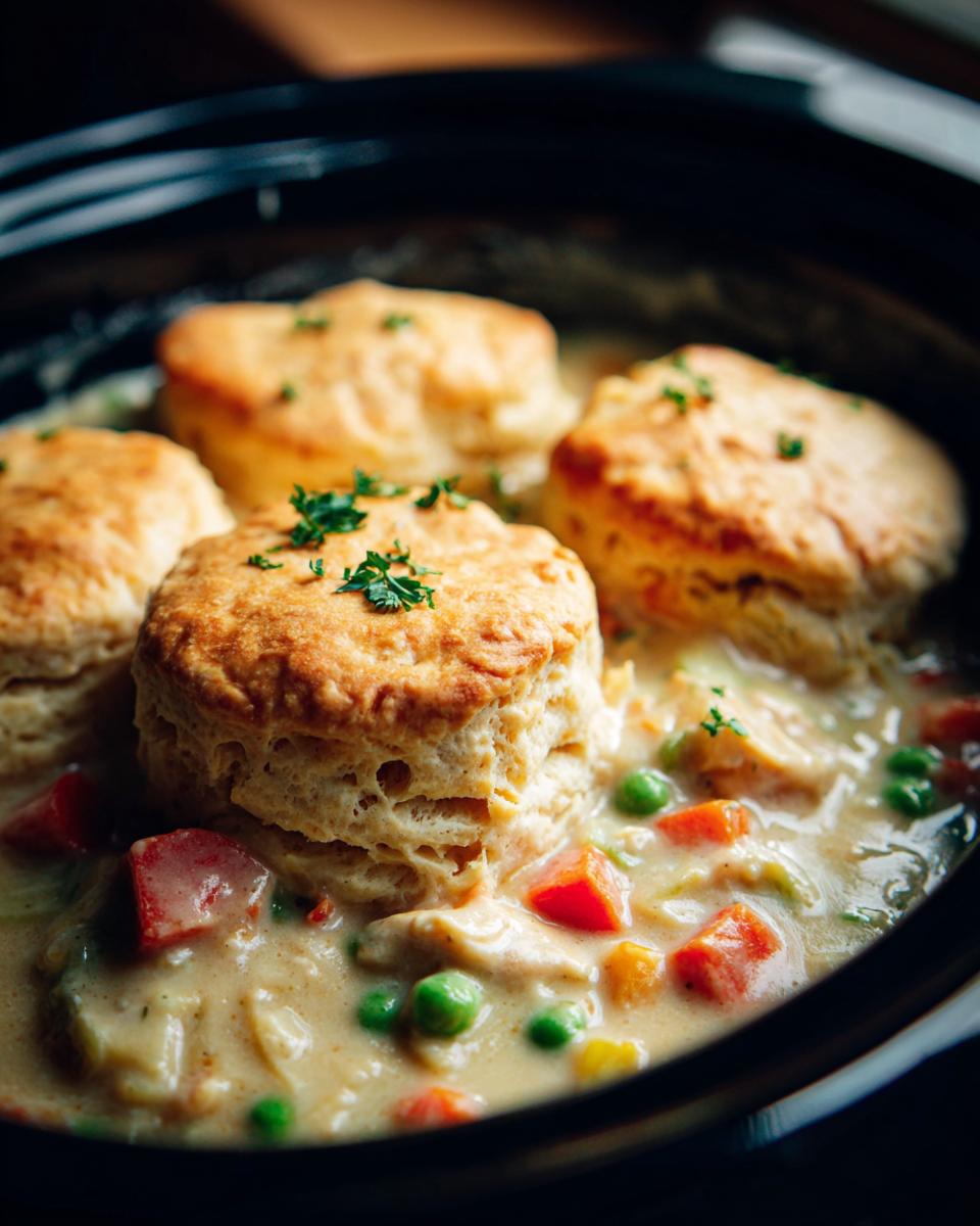 Close-up of a crock pot chicken pot pie topped with golden biscuits and garnished with parsley.