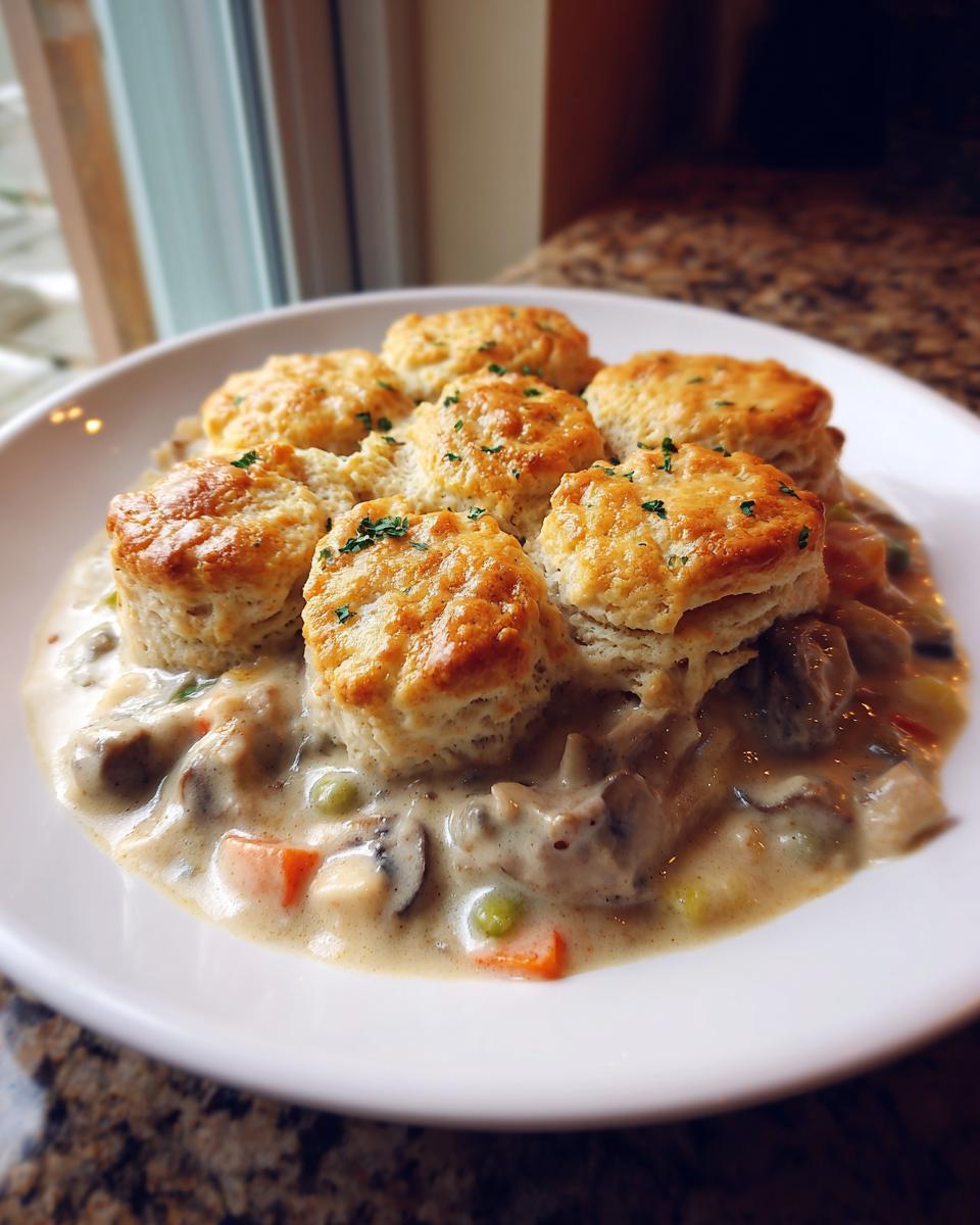 A comforting bowl of crock pot chicken pot pie topped with golden-brown biscuits and sprinkled with parsley.
