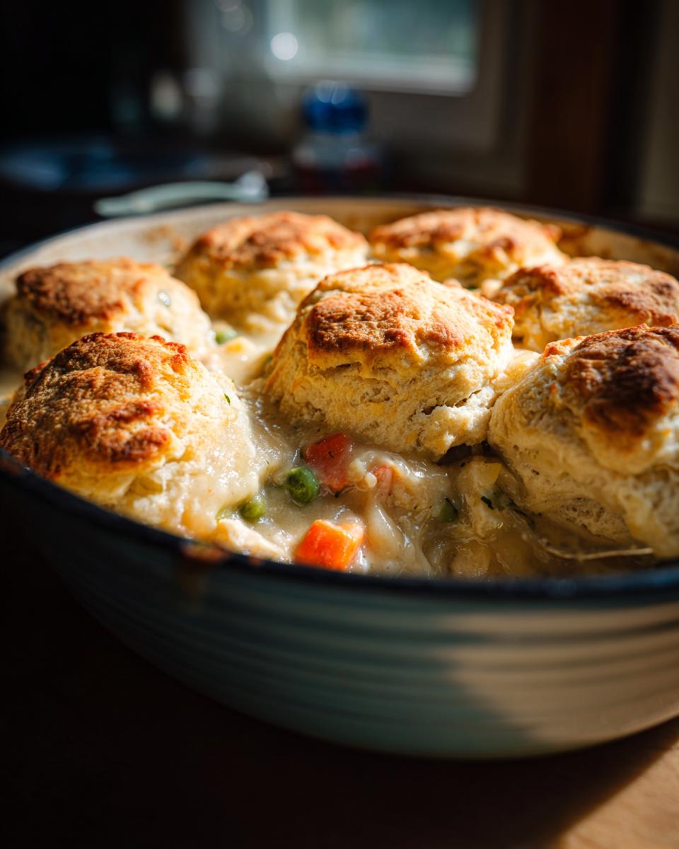 A close-up of a crock pot chicken pot pie topped with golden brown biscuits, showing creamy filling with chicken, peas, and carrots.
