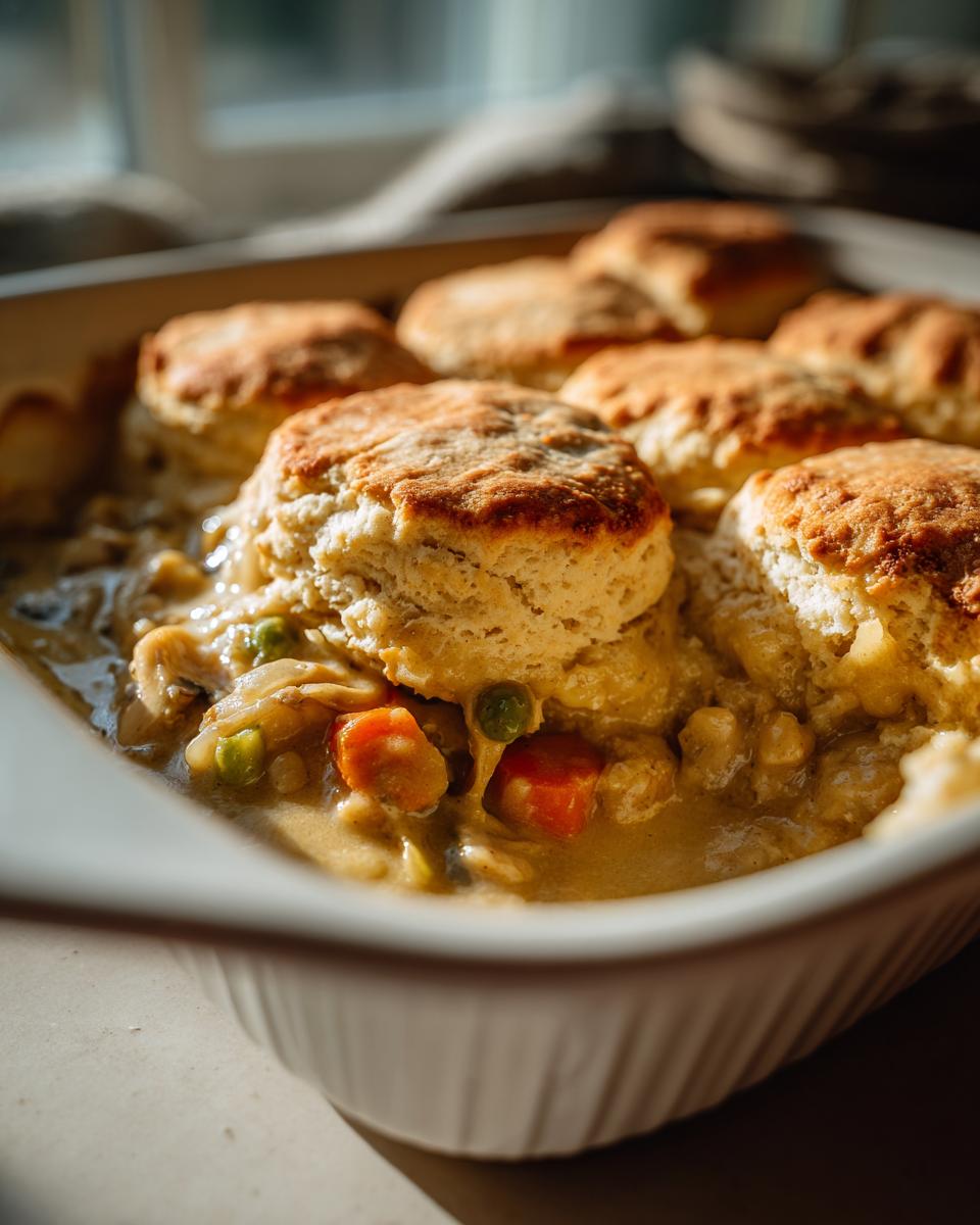 Close-up of golden brown biscuits topping a creamy crock pot chicken pot pie with visible chicken, carrots, and peas.