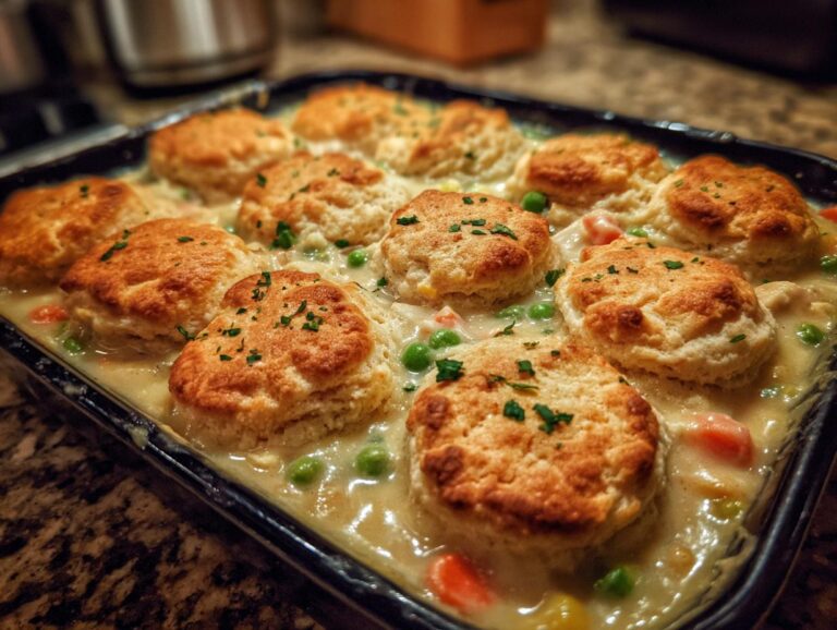 Close-up of a crock pot chicken pot pie topped with golden brown biscuits and sprinkled with parsley.