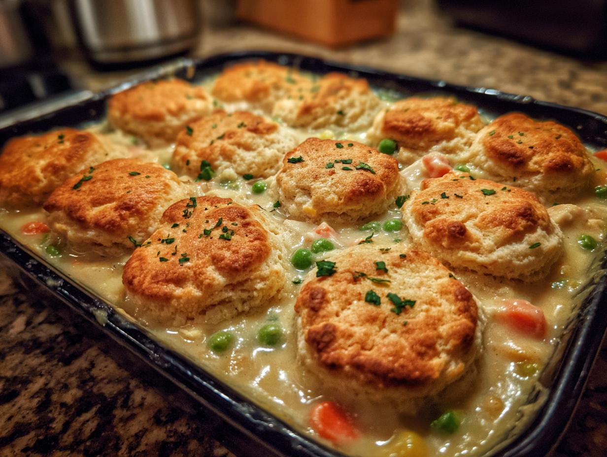 Close-up of a crock pot chicken pot pie topped with golden brown biscuits and sprinkled with parsley.