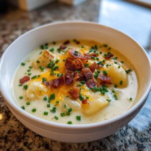 A close-up of a bowl of creamy crock pot potato soup topped with shredded cheddar cheese, crispy bacon bits, and fresh chives.