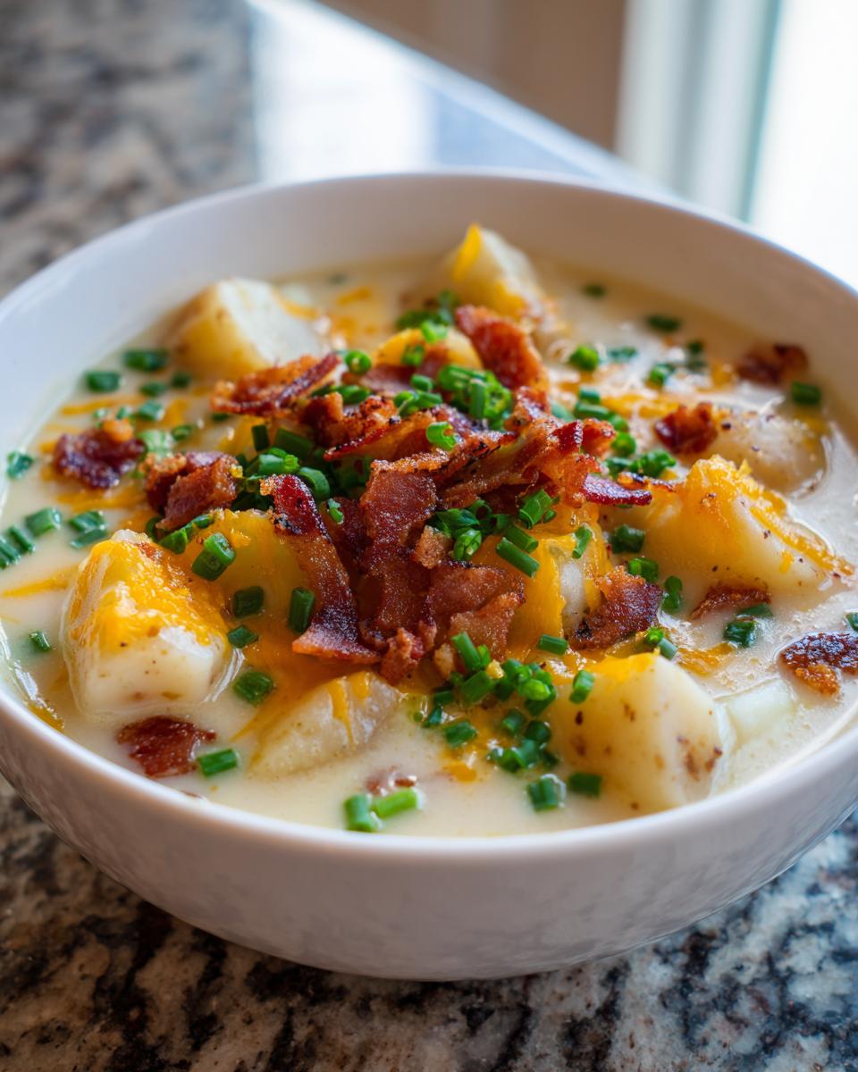A close-up of a bowl of creamy crock pot potato soup topped with crispy bacon, shredded cheese, and fresh chives.