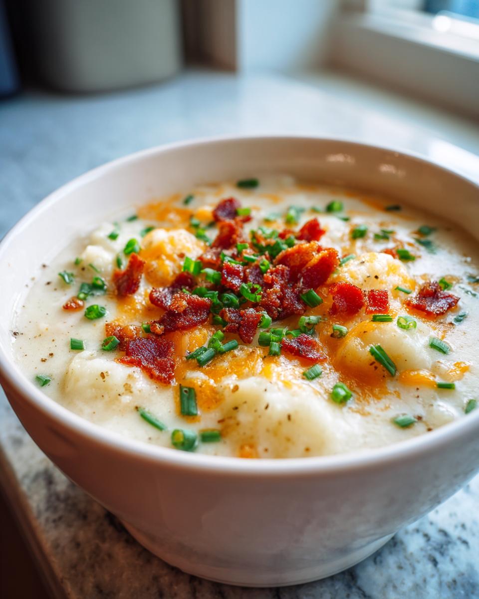 A close-up of a bowl of creamy crock pot potato soup topped with crispy bacon, shredded cheese, and fresh chives.