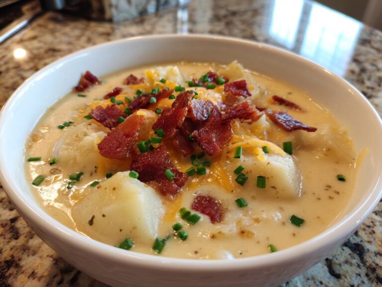 A close-up of a bowl of creamy crock pot potato soup topped with crispy bacon, shredded cheese, and fresh chives.
