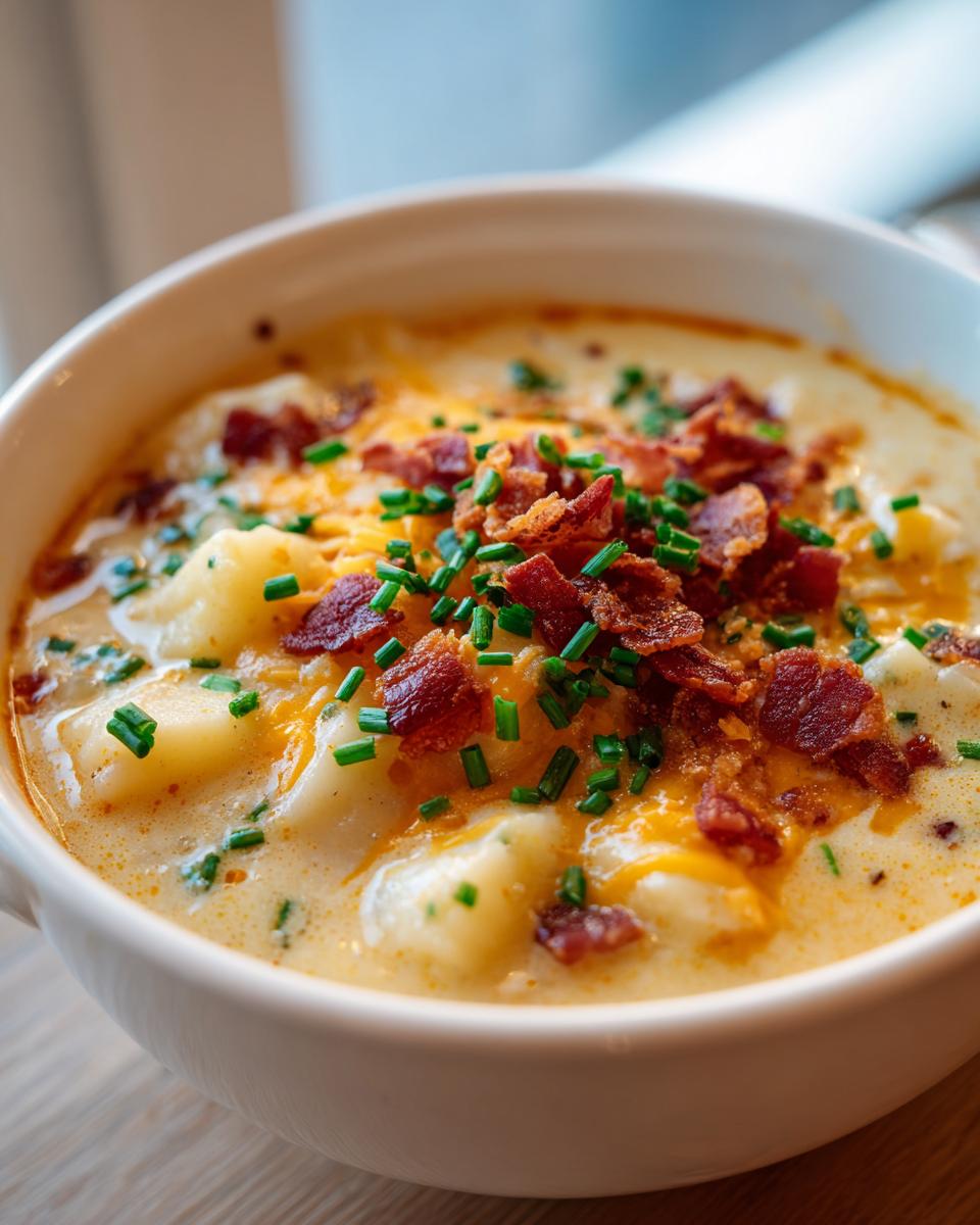 A close-up of a bowl of creamy crock pot potato soup topped with shredded cheddar cheese, crispy bacon bits, and fresh chives.
