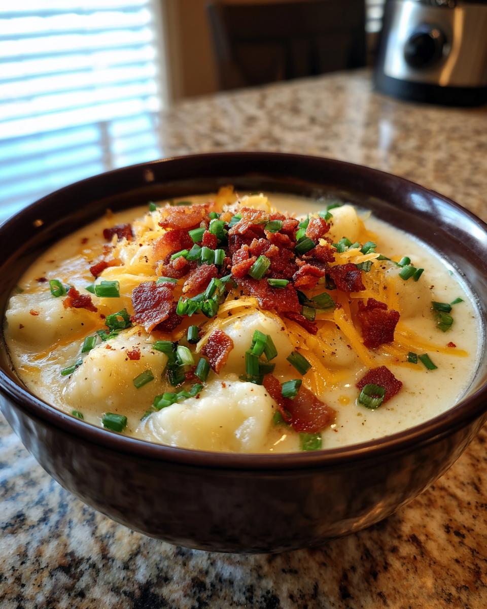 A hearty bowl of crock pot potato soup topped with shredded cheese, crumbled bacon, and fresh chives.