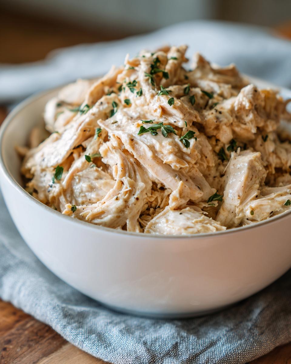 A close-up shot of shredded Crock Pot Ranch Chicken, seasoned and garnished with herbs, served in a white bowl.