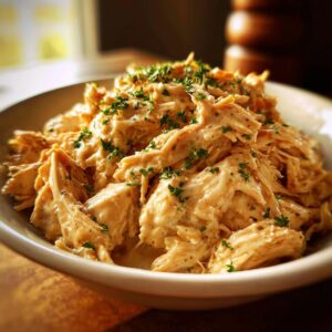 A close-up of shredded Crock Pot Ranch Chicken in a white bowl, garnished with fresh parsley.
