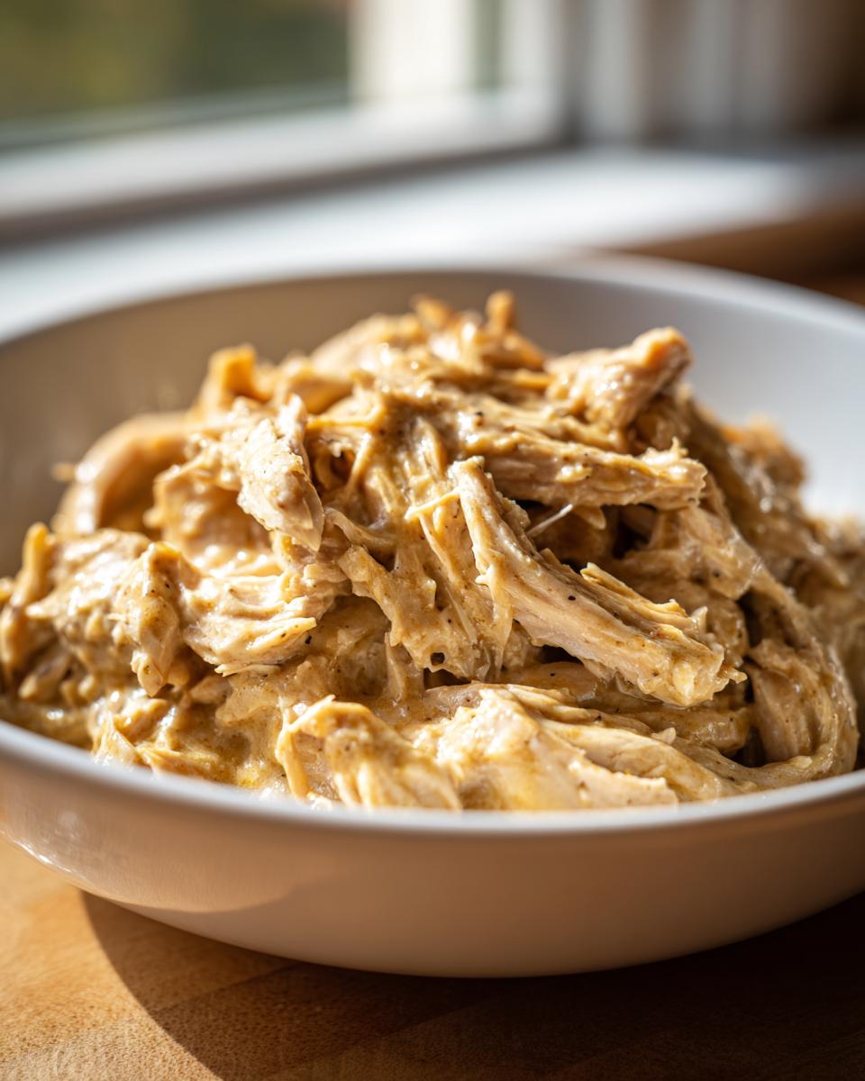 Close-up of shredded Crock Pot Ranch Chicken in a white bowl, coated in a creamy sauce.