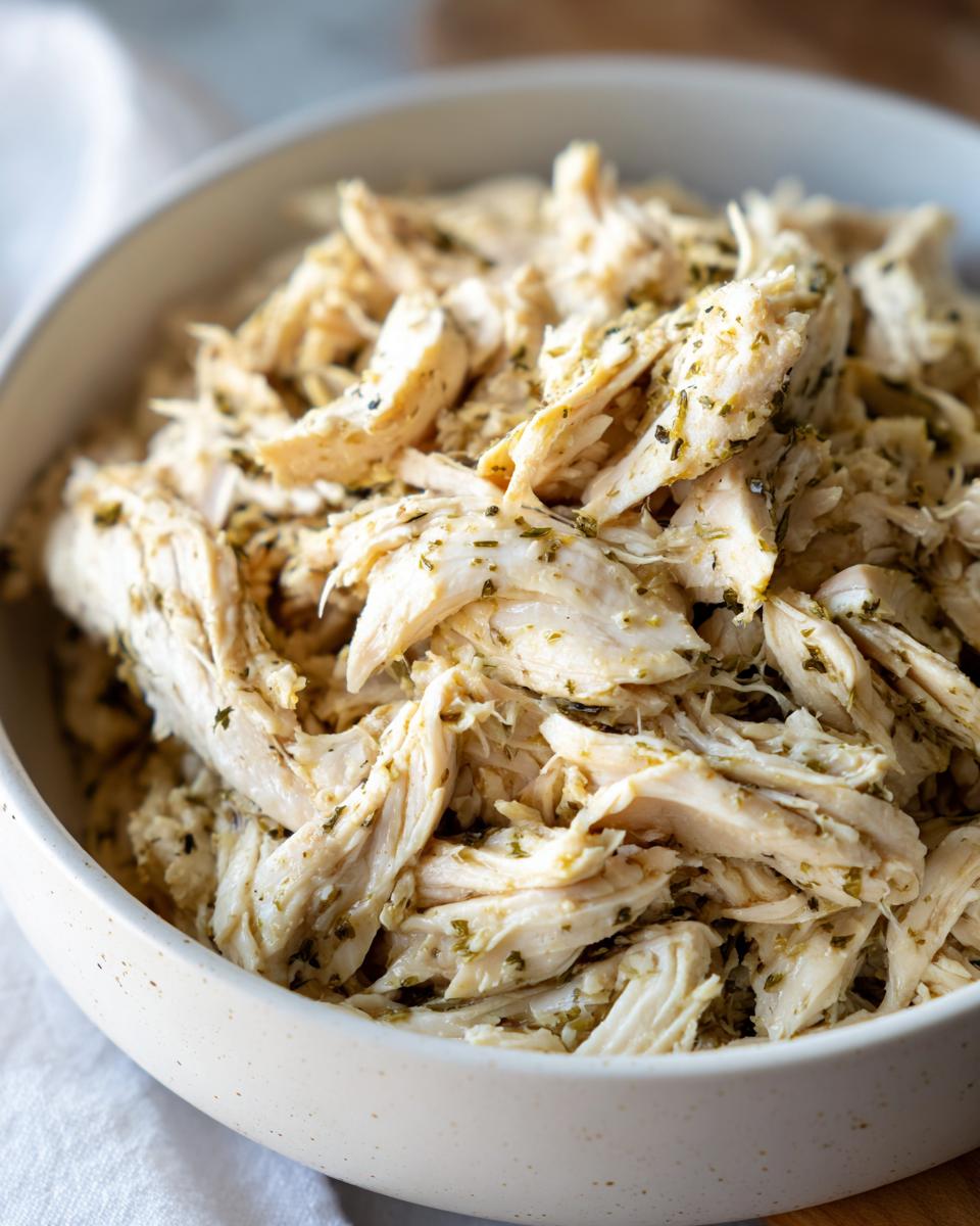 Close-up of a bowl filled with tender, shredded Crock Pot Ranch Chicken seasoned with herbs.