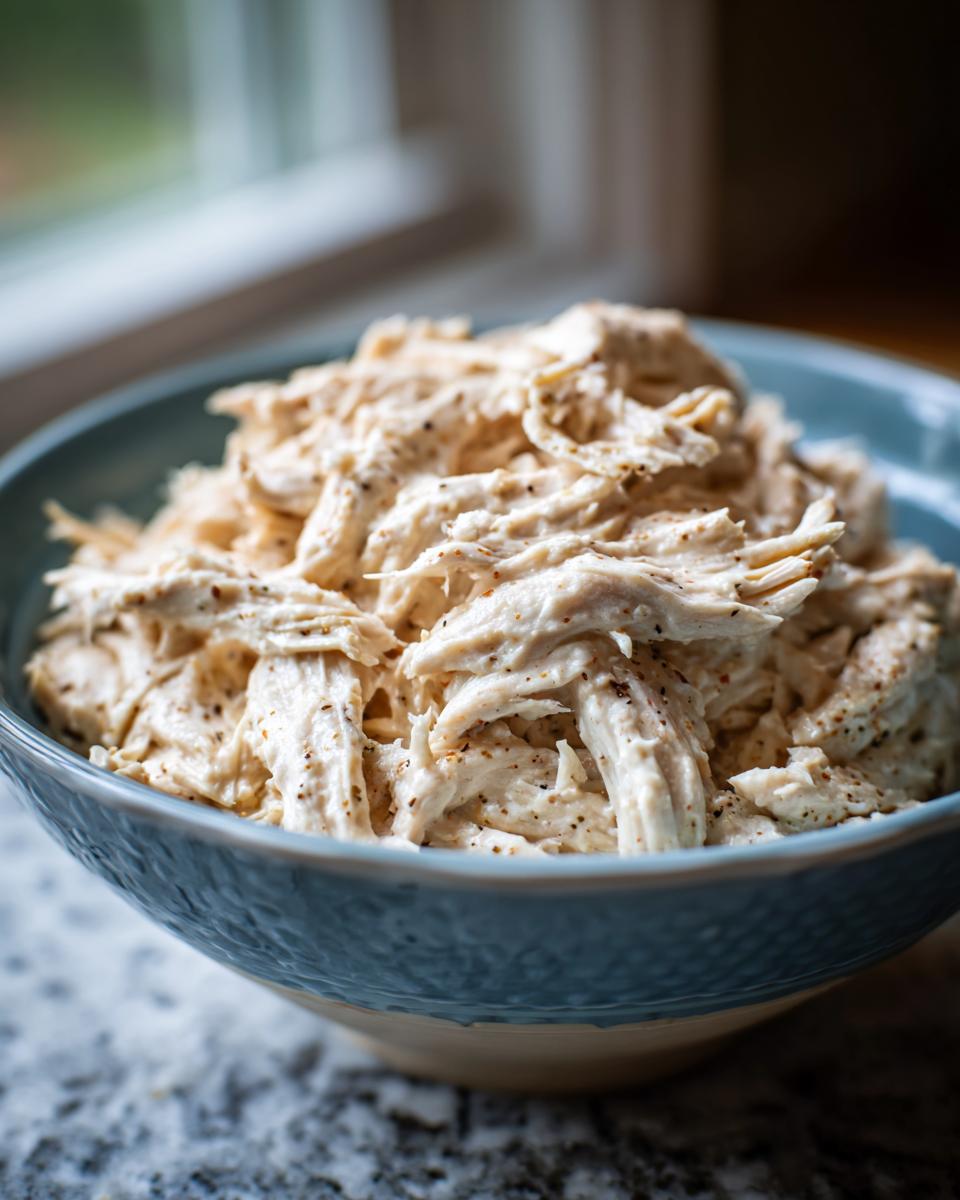 Close-up of shredded Crock Pot Ranch Chicken in a blue bowl, seasoned with pepper.