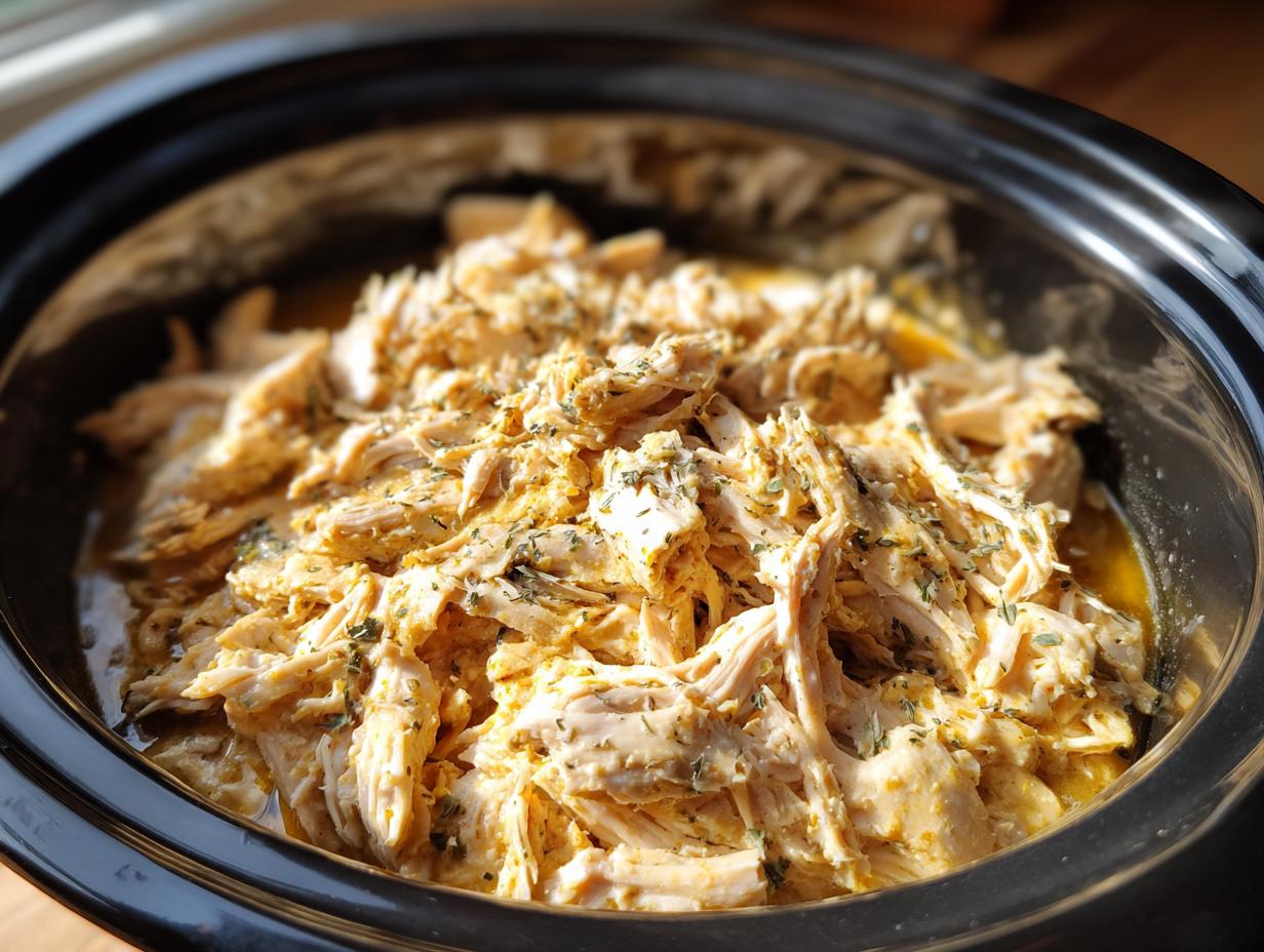 Close-up of shredded Crock Pot Ranch Chicken seasoned with herbs in a black slow cooker.