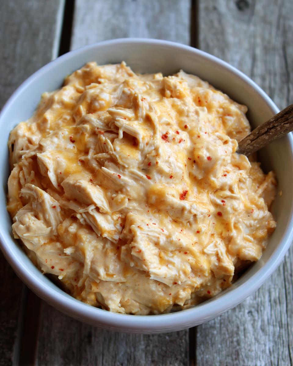Close-up of creamy crockpot buffalo chicken dip topped with melted cheese and paprika in a light blue bowl.