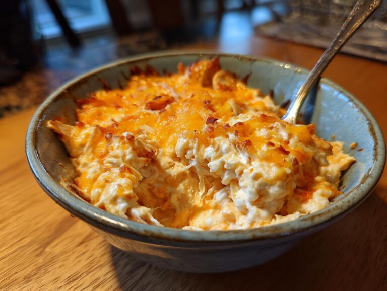 Close-up of a rustic bowl filled with bubbly crockpot buffalo chicken dip, topped with melted cheddar cheese.
