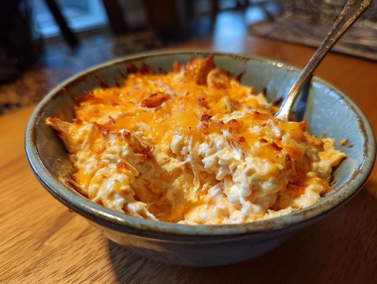 Close-up of a rustic bowl filled with bubbly crockpot buffalo chicken dip, topped with melted cheddar cheese.