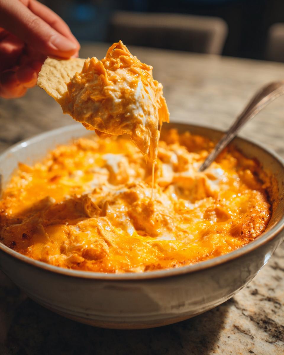 A hand holding a tortilla chip scooping up gooey crockpot buffalo chicken dip from a bowl.