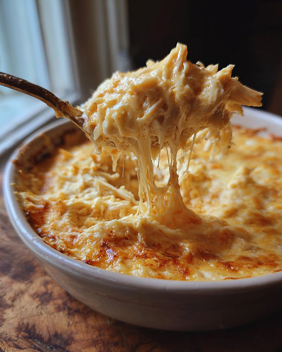 A spoonful of cheesy, gooey crockpot buffalo chicken dip being lifted from a baking dish.