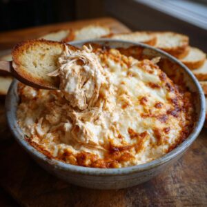 A wooden spoon scooping a generous portion of cheesy crockpot buffalo chicken dip with shredded chicken.