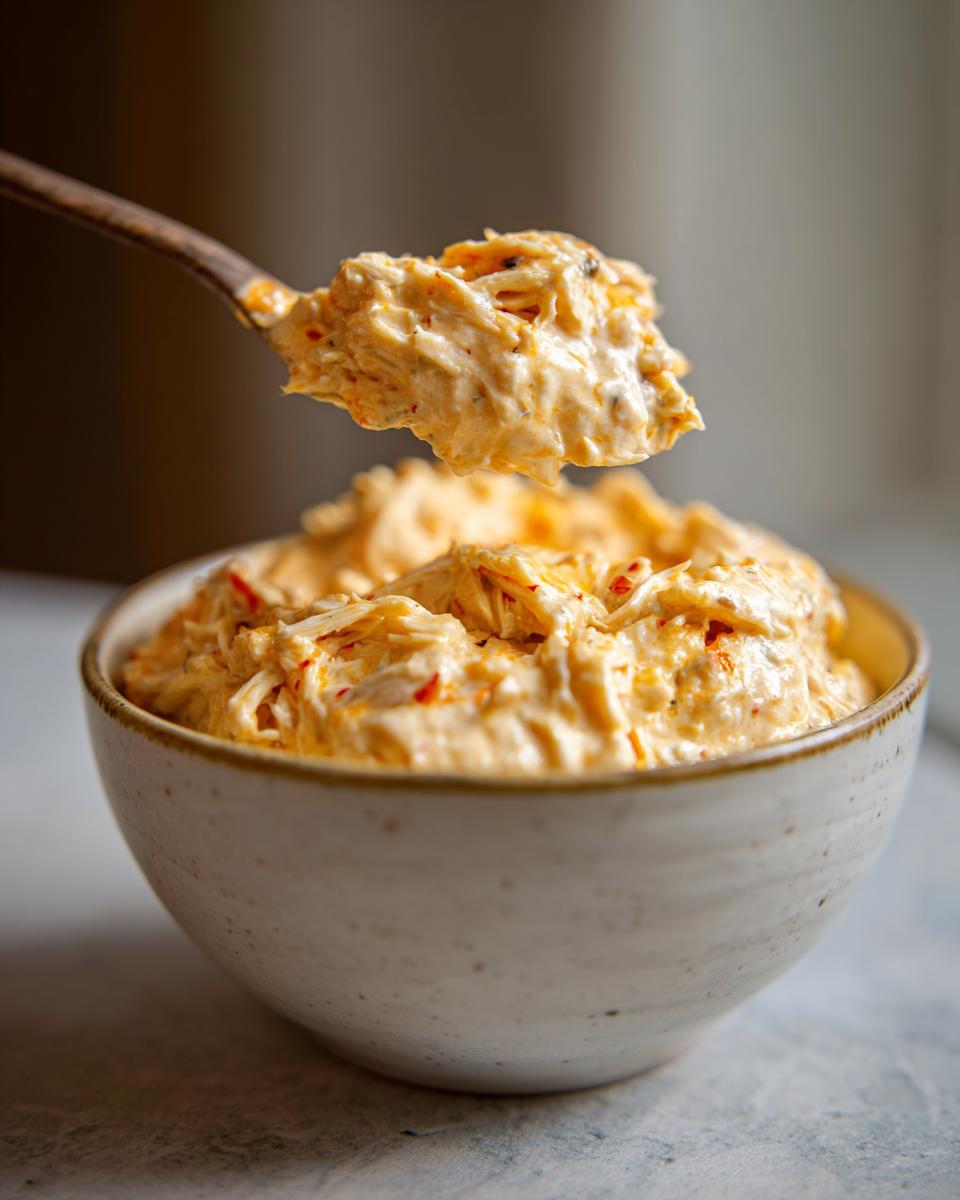 A spoonful of creamy crockpot buffalo chicken dip being lifted from a bowl.
