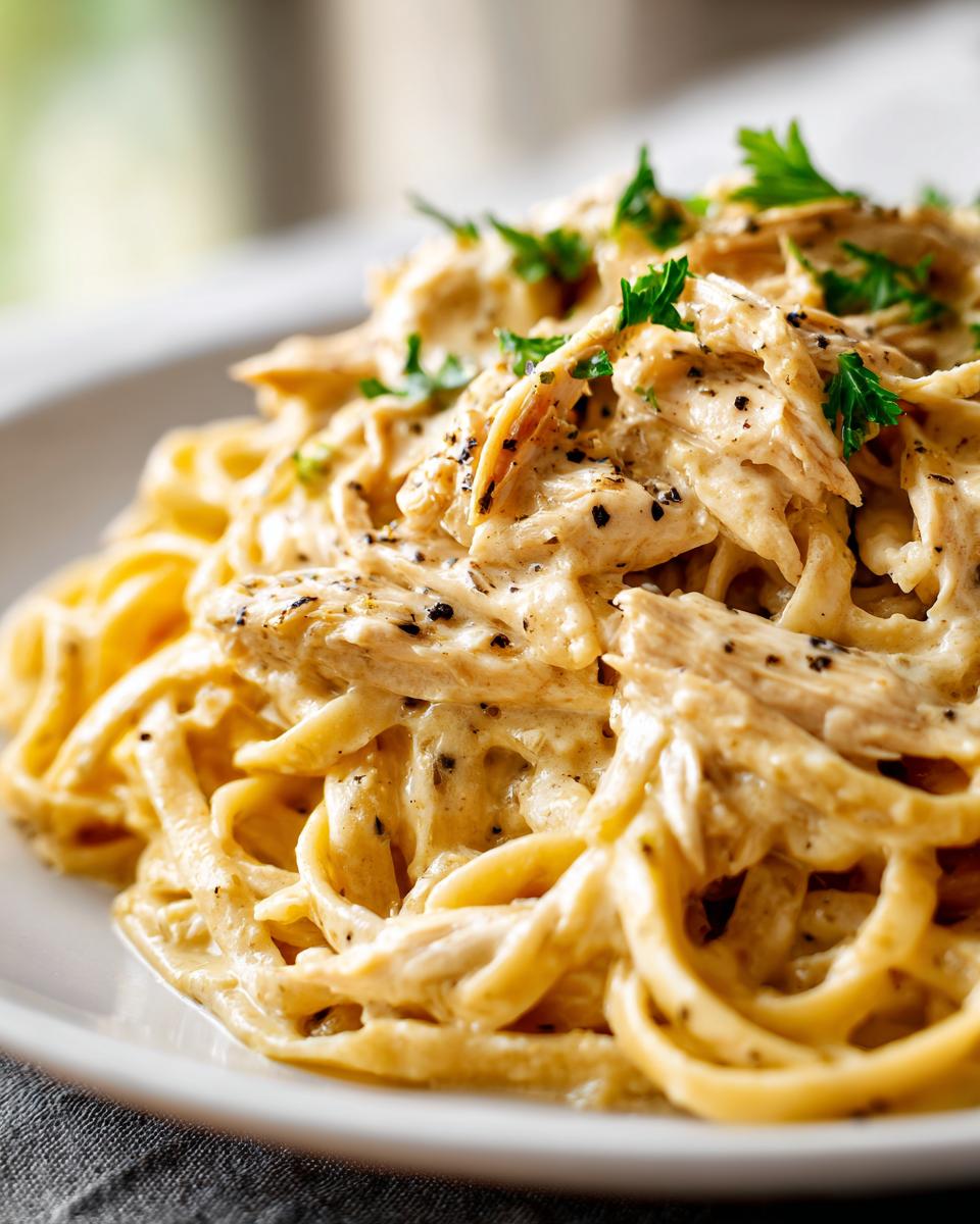 A close-up shot of creamy crockpot chicken alfredo pasta, garnished with fresh parsley and black pepper.