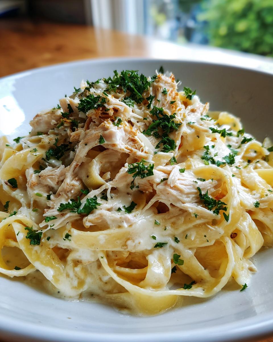A close-up of creamy crockpot chicken alfredo pasta topped with shredded chicken and parsley.