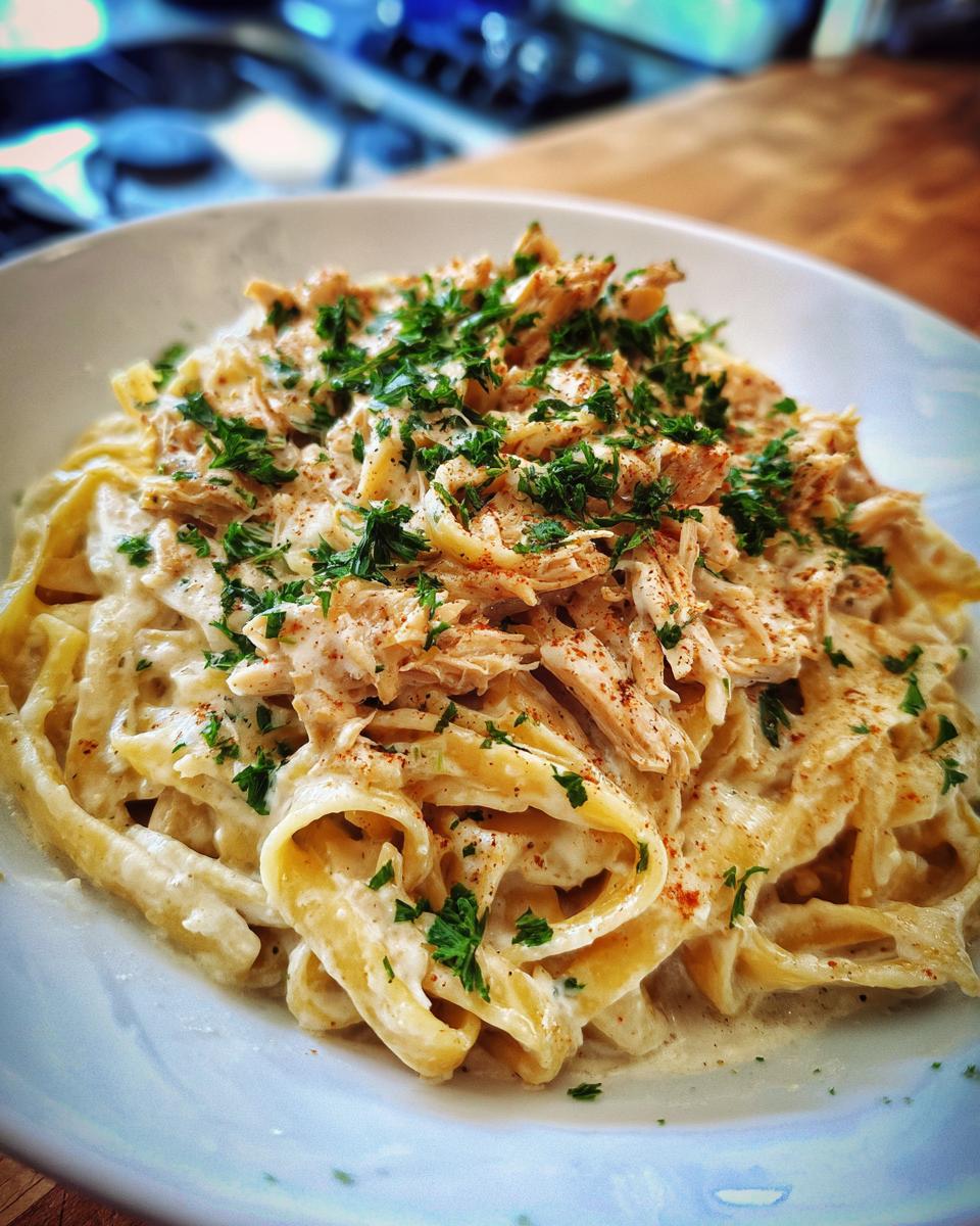 A close-up of creamy crockpot chicken alfredo pasta topped with shredded chicken and fresh parsley.