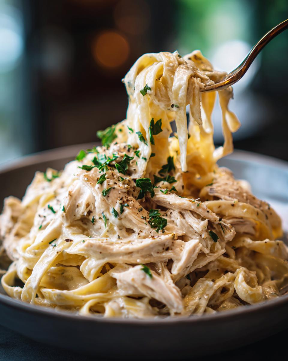 A fork lifting a generous portion of fettuccine pasta with shredded chicken in a creamy alfredo sauce, garnished with parsley and black pepper. This is our Crockpot Chicken Alfredo.