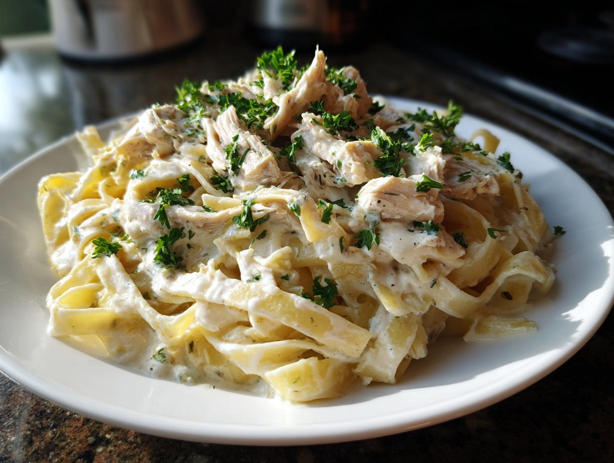 A close-up of a white plate filled with fettuccine pasta, shredded chicken, and creamy alfredo sauce, garnished with fresh parsley. This is a delicious crockpot chicken alfredo.