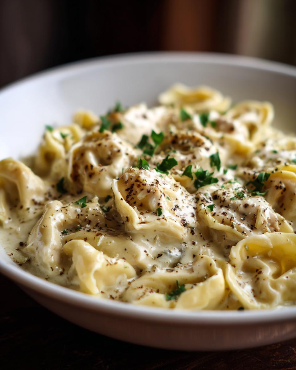 Close-up of creamy crockpot chicken alfredo tortellini garnished with parsley and black pepper.