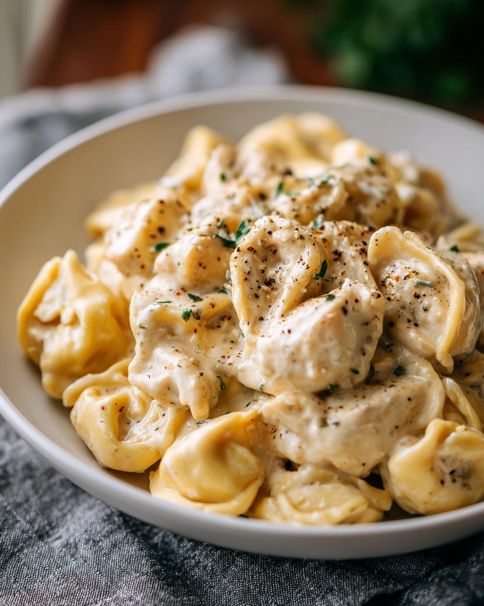 Close-up of creamy crockpot chicken alfredo tortellini garnished with parsley and black pepper.