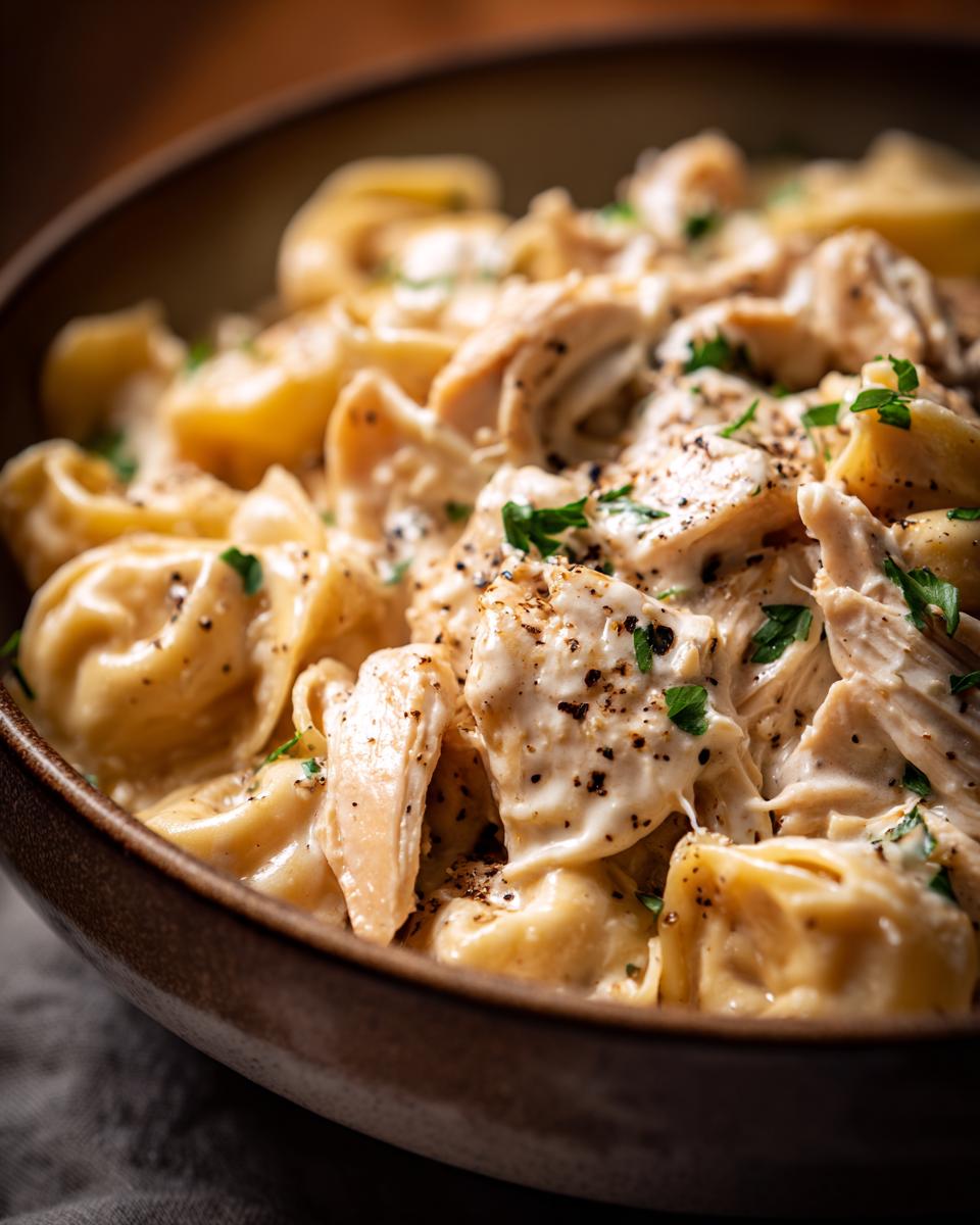 Close-up of a bowl filled with crockpot chicken alfredo tortellini, garnished with parsley and black pepper.