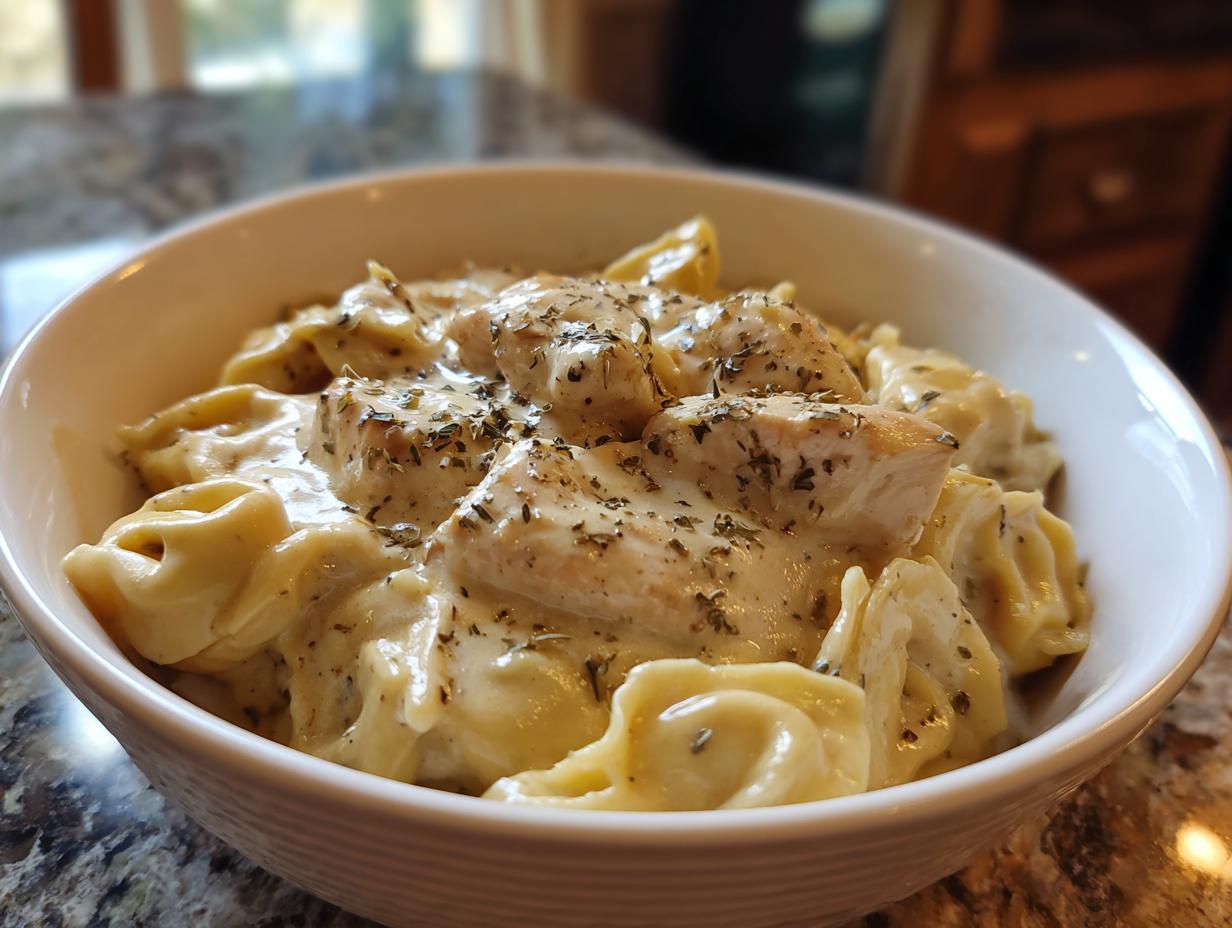 A close-up of a white bowl filled with creamy crockpot chicken alfredo tortellini, garnished with herbs.