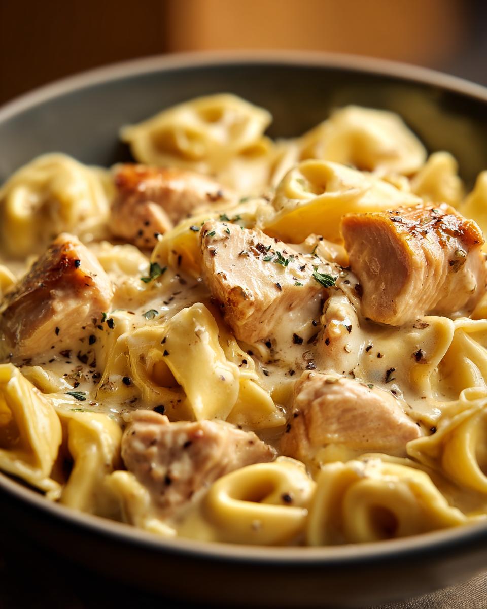 Close-up of a bowl of crockpot chicken alfredo tortellini, featuring tender chicken pieces and cheesy tortellini in a creamy sauce.