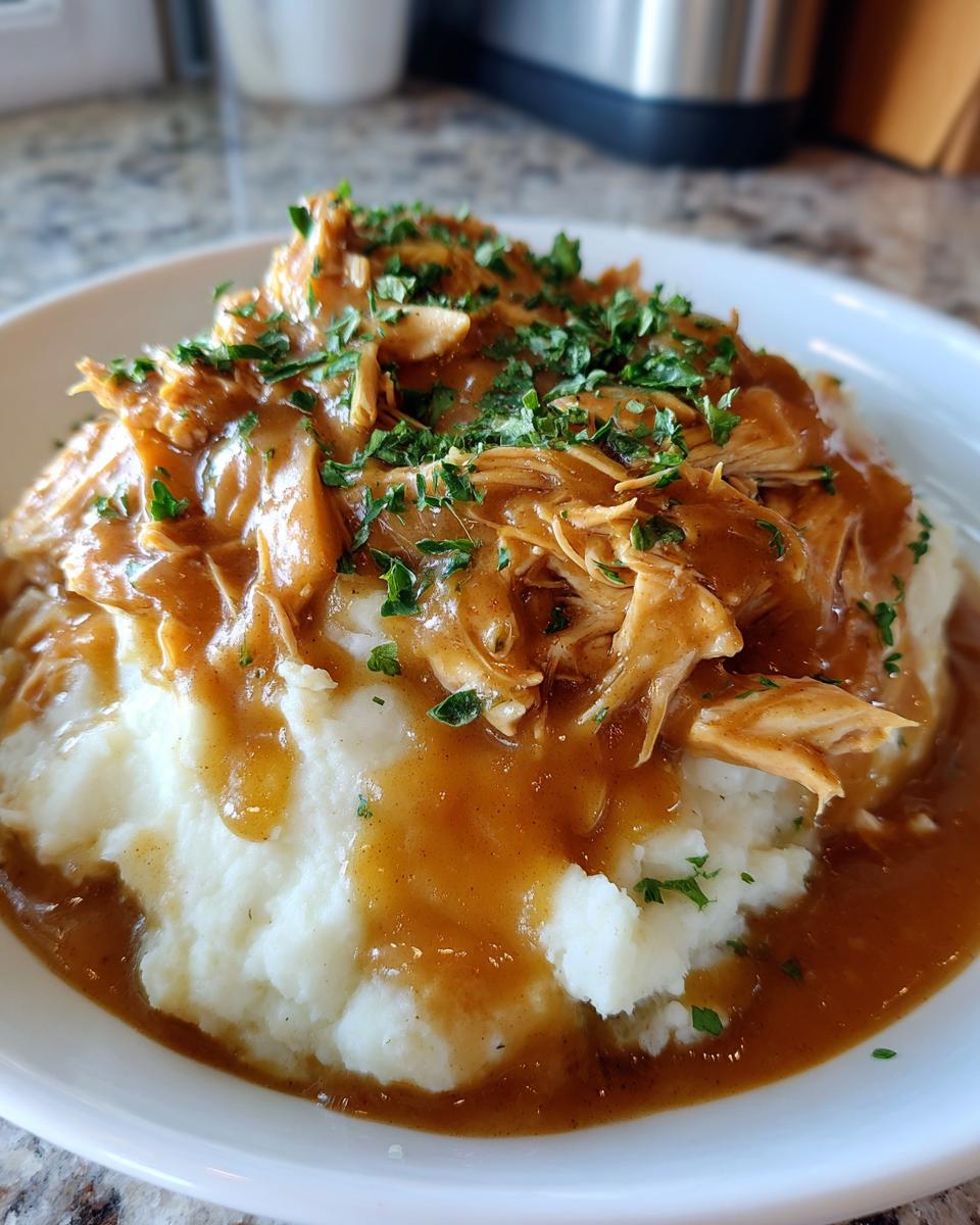 A close-up of a bowl of mashed potatoes topped with shredded crockpot chicken and gravy, garnished with parsley.