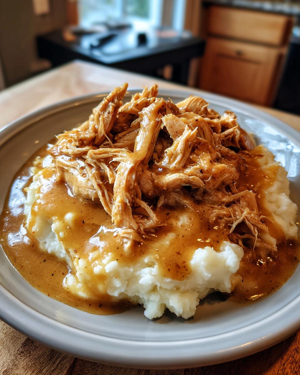 A close-up of a bowl of fluffy mashed potatoes topped with shredded crockpot chicken and gravy.