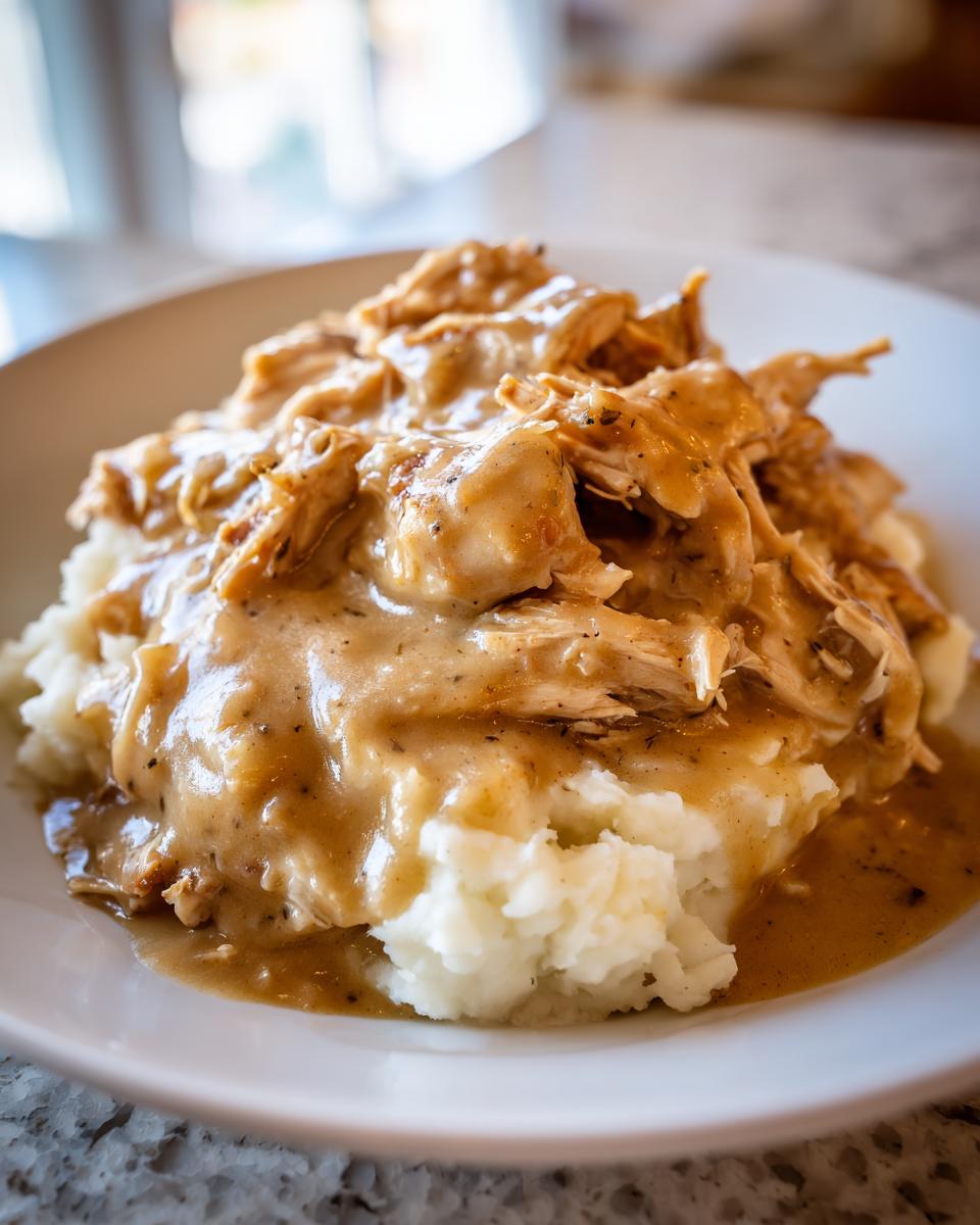 A close-up of a white bowl filled with creamy mashed potatoes topped with shredded crockpot chicken and gravy.