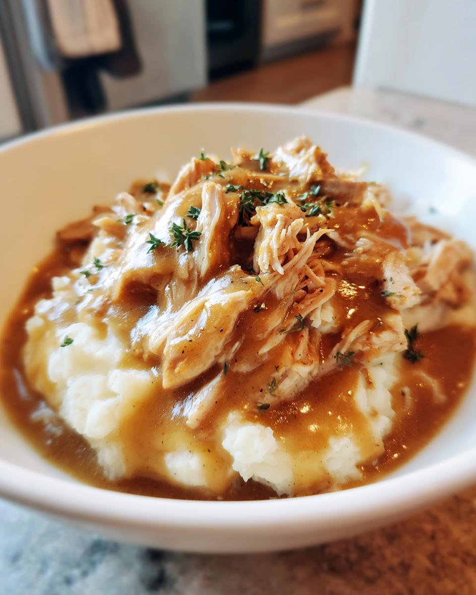 A bowl of fluffy mashed potatoes topped with shredded crockpot chicken and gravy, garnished with herbs.