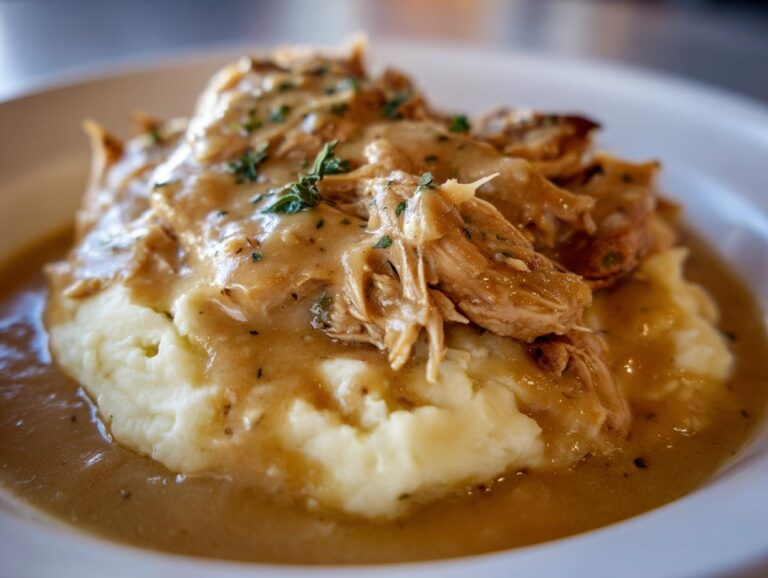 Close-up of tender crockpot chicken and gravy generously poured over a bed of creamy mashed potatoes, garnished with parsley.