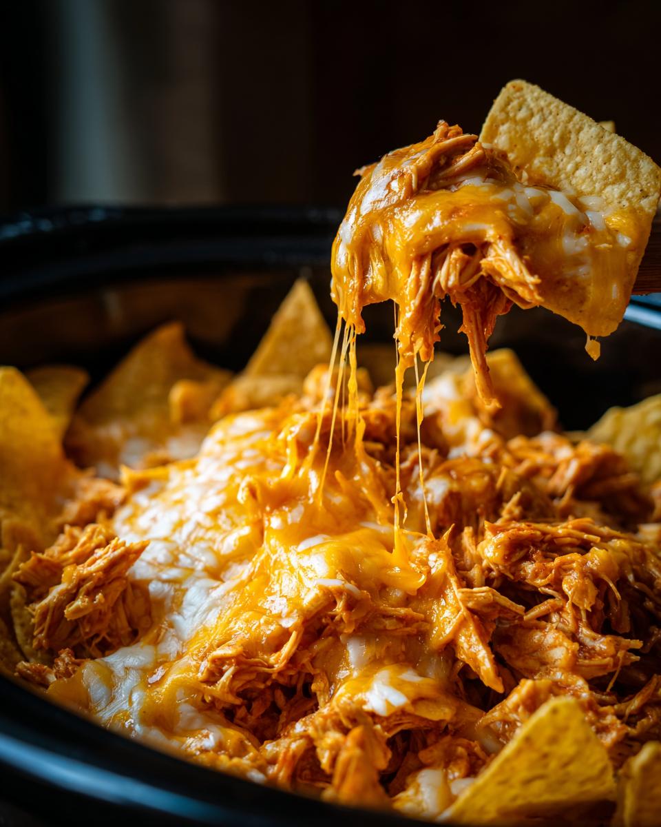 A tortilla chip scooping up gooey, melted cheese and shredded chicken from a crockpot of chicken nachos.