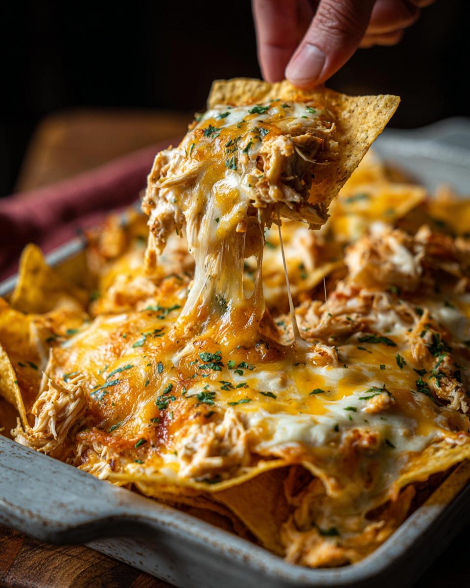 A hand pulling a chip loaded with melted cheese and shredded chicken from a pan of crockpot chicken nachos.