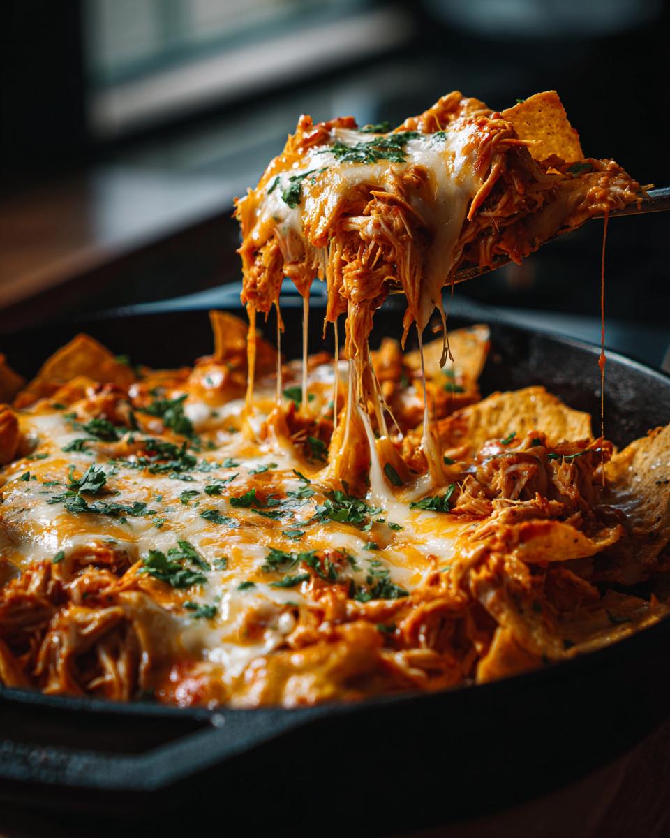 A scoop lifting cheesy crockpot chicken nachos from a cast iron skillet, with melted cheese stretching.