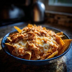 A close-up of a blue bowl filled with crispy tortilla chips topped with shredded crockpot chicken and melted cheese.