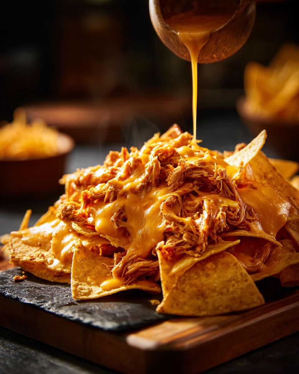 Close-up of a pile of tortilla chips topped with shredded chicken and melted cheese, with more cheese being poured from a wooden ladle.