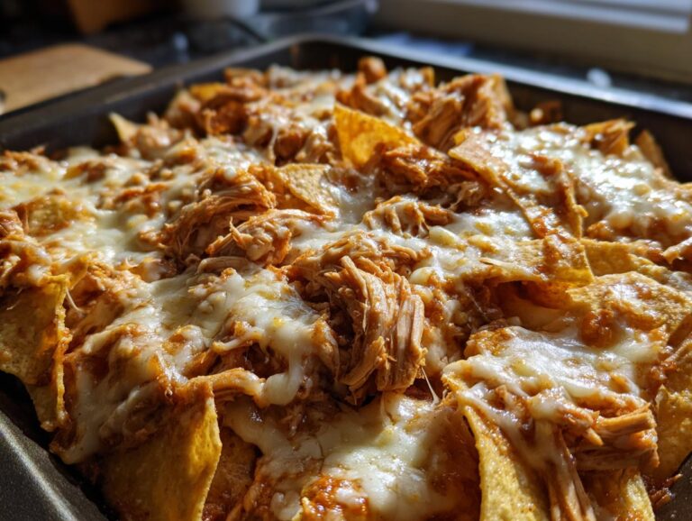 Close-up of melted cheese generously topping shredded chicken and tortilla chips in a baking dish, showcasing delicious crockpot chicken nachos.